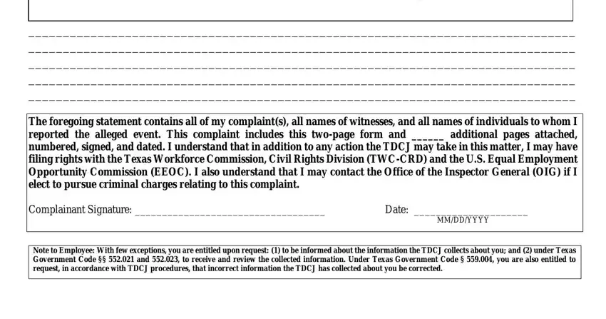 twc List names of all individuals to, The foregoing statement contains, Complainant Signature, Date, MMDDYYYY, and Note to Employee With few blanks to fill