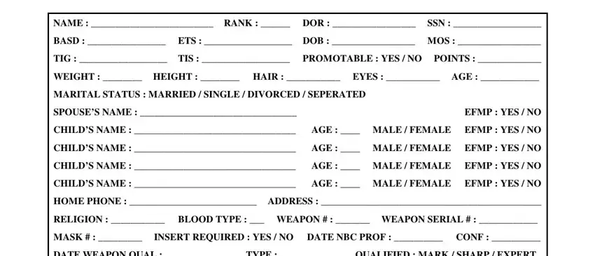 soldiers personal data sheet fields to complete