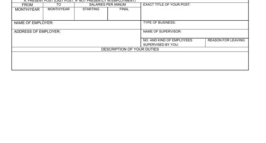 p 11 form un A PRESENT POST LAST POST IF NOT, FROM MONTHYEAR, TO MONTHYEAR, SALARIES PER ANNUM, EXACT TITLE OF YOUR POST, STARTING, FINAL, NAME OF EMPLOYER, ADDRESS OF EMPLOYER, TYPE OF BUSINESS, NAME OF SUPERVISOR, DESCRIPTION OF YOUR DUTIES, NO AND KIND OF EMPLOYEES, and REASON FOR LEAVING blanks to fill out