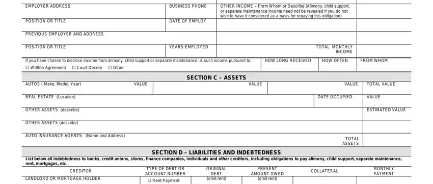 loan application download EMPLOYER ADDRESS, POSITION OR TITLE, PREVIOUS EMPLOYER AND ADDRESS, BUSINESS PHONE, DATE OF EMPLOY, OTHER INCOME  From Whom or, POSITION OR TITLE, YEARS EMPLOYED, If you have chosen to disclose, HOW LONG RECEIVED, VALUE, SECTION C  ASSETS, VALUE, AUTOS  Make Model Year, and REAL ESTATE Location fields to complete