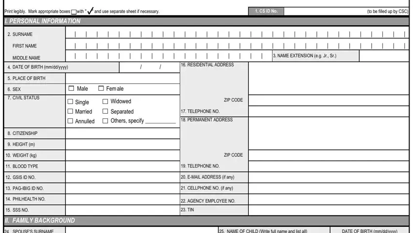 personal data sheet spaces to fill in