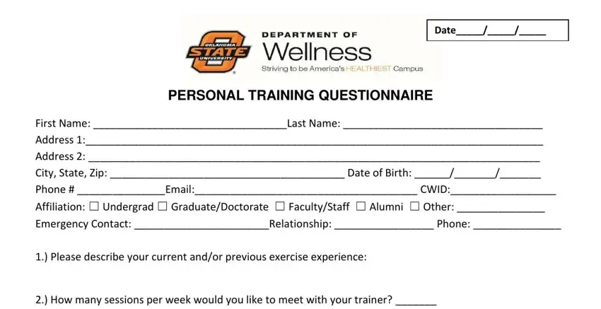 personal training questionnaire form empty spaces to complete