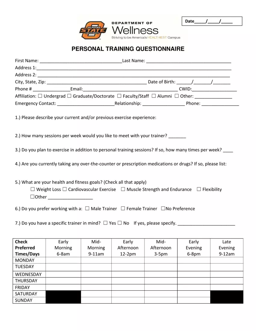 Personal Trainer Questionnaire first page preview