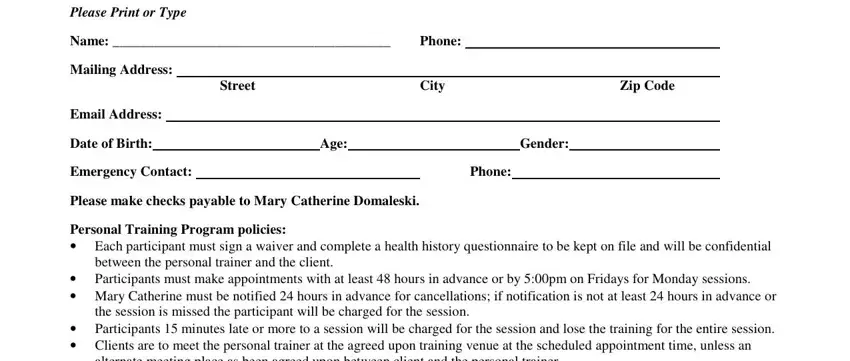 filling out printable personal training forms step 1