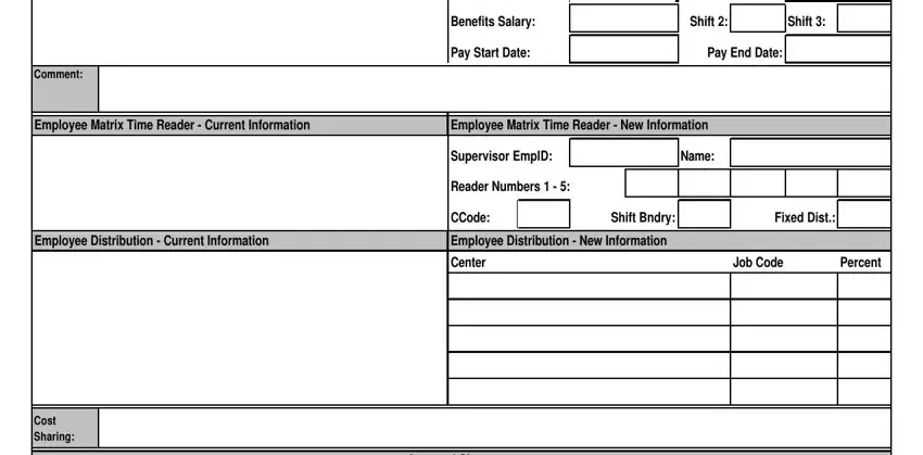 hire personnel form paf blank Comment, CompFrequency, BenefitsSalary, PayStartDate, CompRate, Shift, Shift, PayEndDate, EmployeeDistributionNewInformation, Center, JobCode, Percent, SupervisorEmplD, Name, and ReaderNumbers blanks to complete