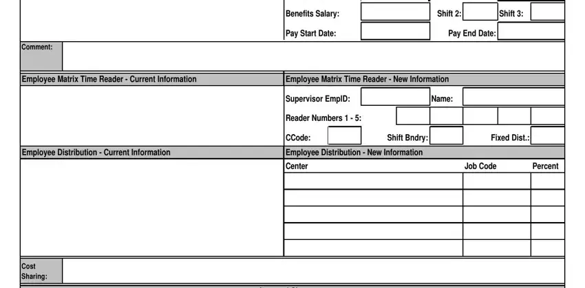 paf form template Benefits Salary, Pay Start Date, Shift, Shift, Pay End Date, Comment, Employee Matrix Time Reader, Employee Matrix Time Reader  New, Employee Distribution  Current, Employee Distribution  New, Center, Job Code, Percent, Supervisor EmplD, and Name blanks to complete