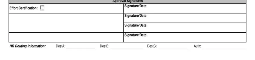 paf form template Effort Certification, Approval Signatures, SignatureDate, I certify that I have first hand, SignatureDate, SignatureDate, Student Employment I understand, SignatureDate, HR Routing Information, DestA, DestB, DestC, and Auth blanks to insert