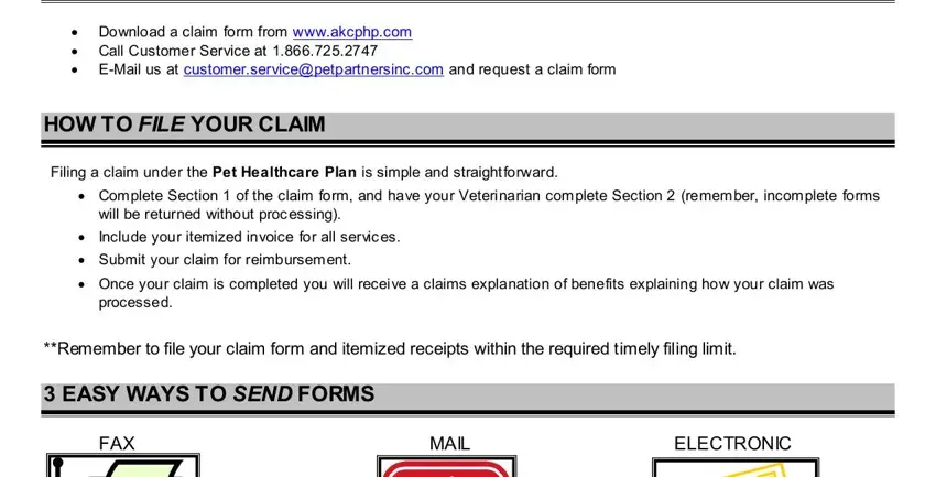 pet healthcare plan claim form HOWTOFILEYOURCLAIM, willbereturnedwithoutprocessing, processed, FAX, MAIL, and ELECTRONIC fields to fill out