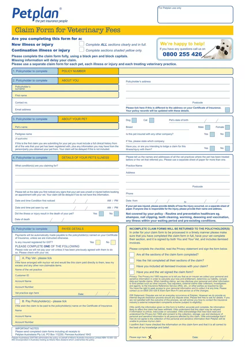 Pet Plan Claim Form first page preview