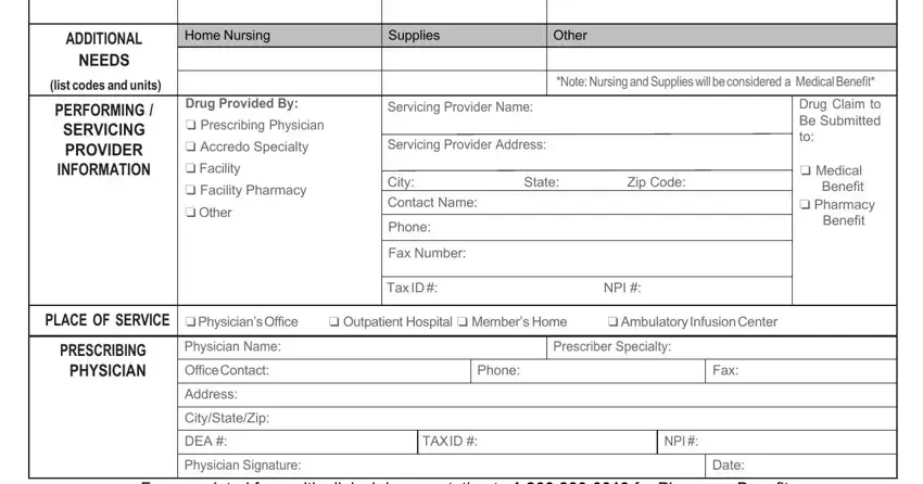 ADDITIONALNEEDS, HomeNursing, Other, Supplies, TaxID, OutpatientHospitalMembersHome, NPIAmbulatoryInfusionCenter, PrescriberSpecialty, Phone, Fax, TAXID, NPI, and Date in ICD-9
