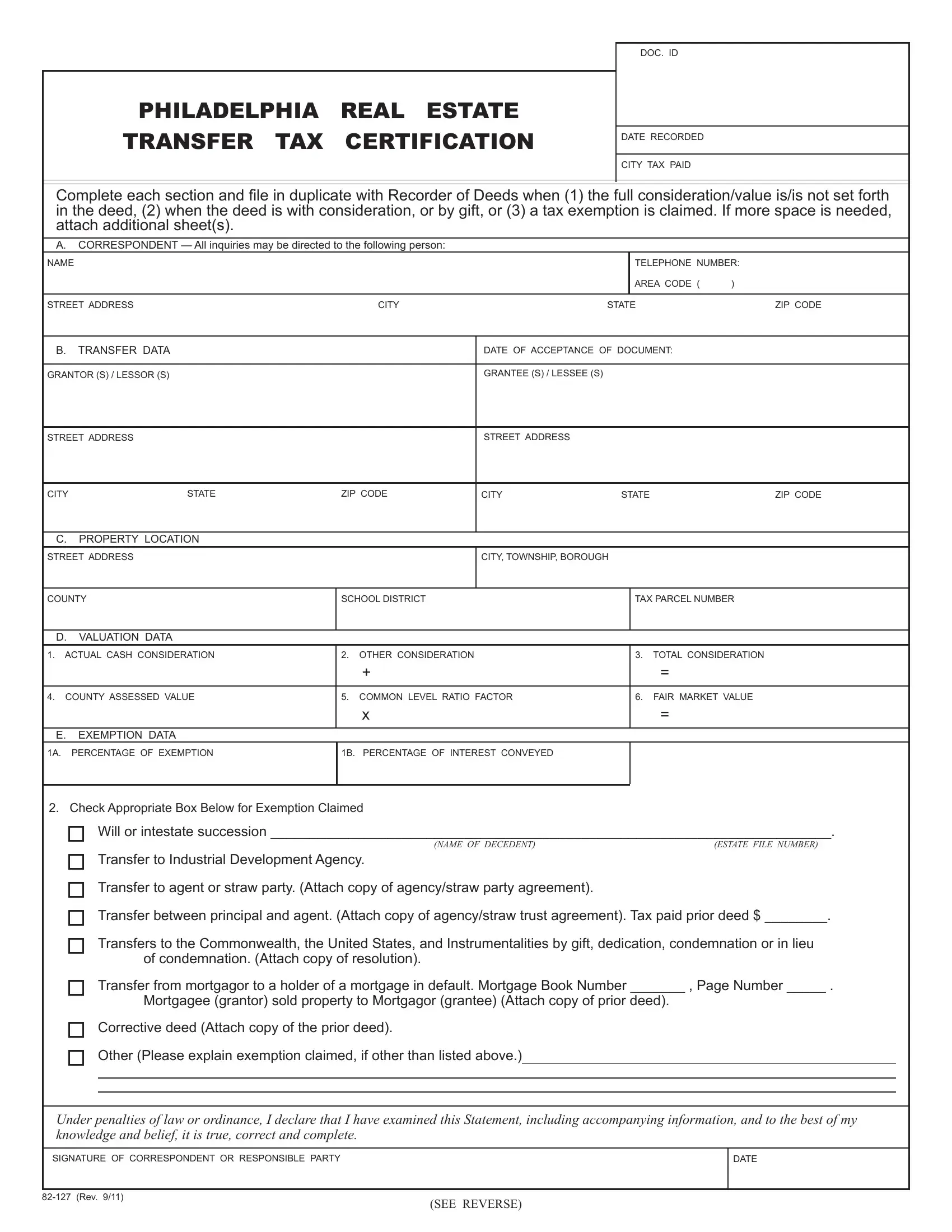 Philadelphia Form Transfer Tax Preview