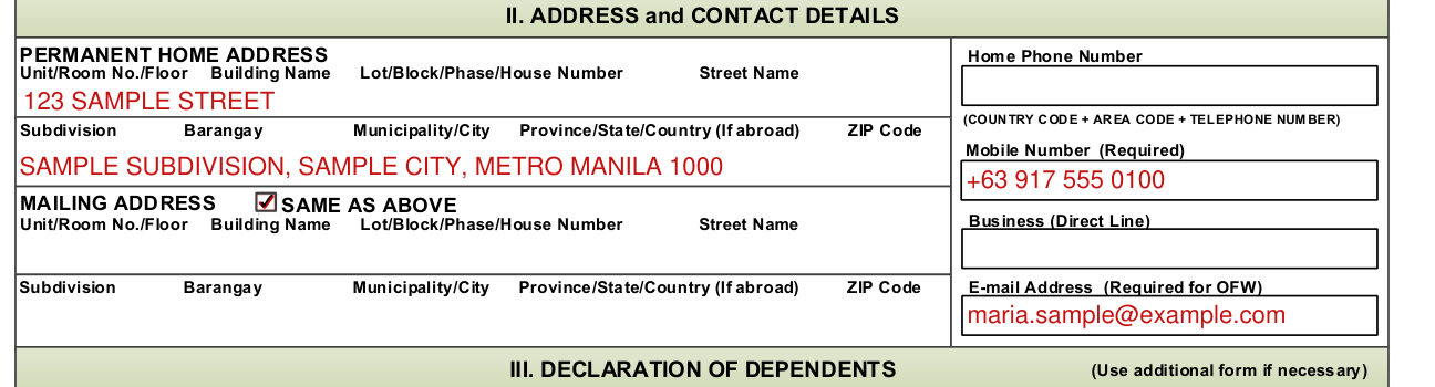 PhilHealth Member Registration Form (PMRF) example filled out, address and contact details