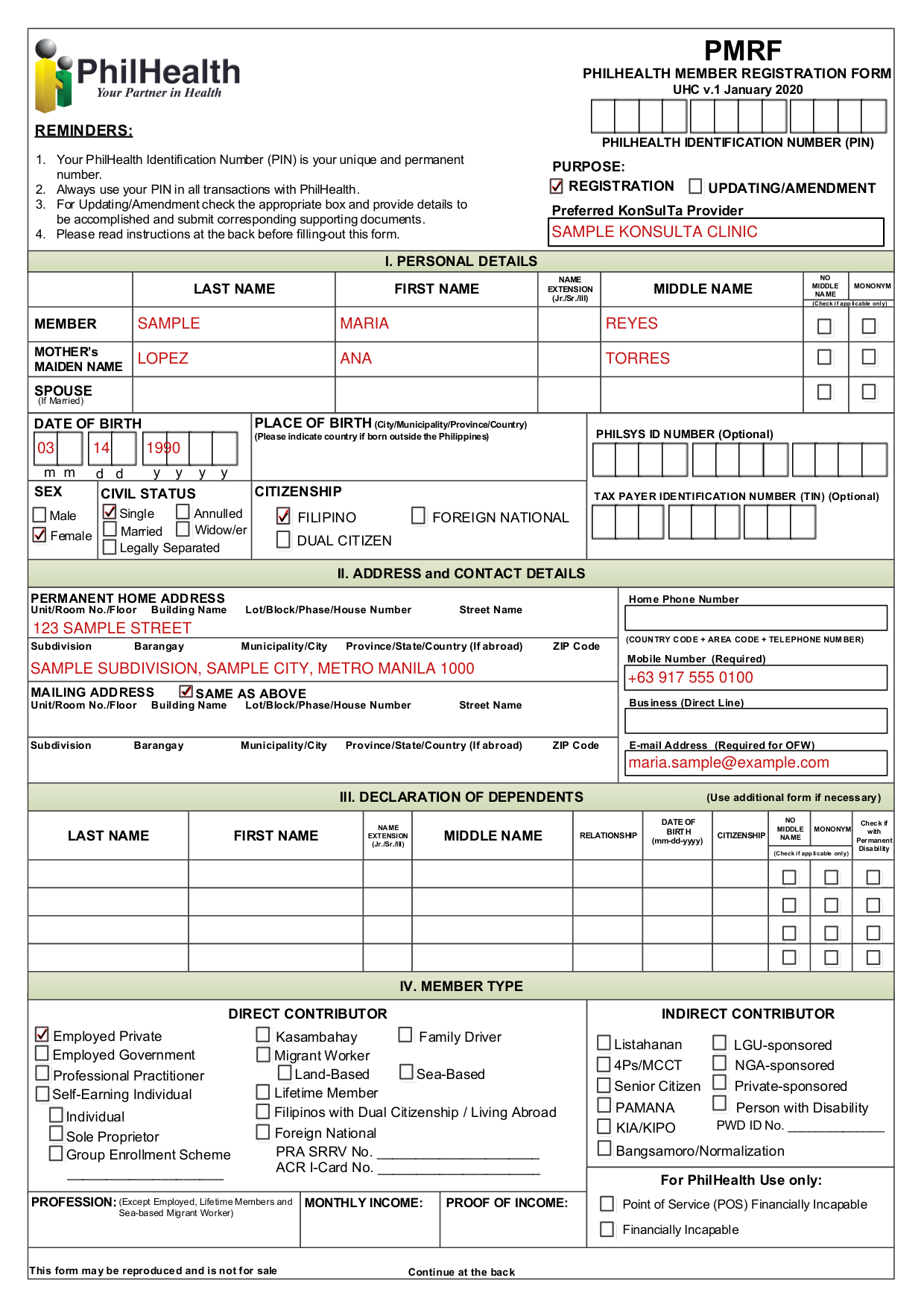 PhilHealth Member Registration Form (PMRF) example filled out, example: a new employed member registers