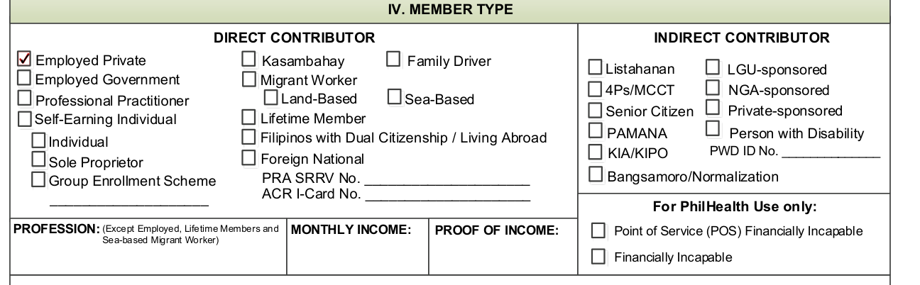 PhilHealth Member Registration Form (PMRF) example filled out, member type