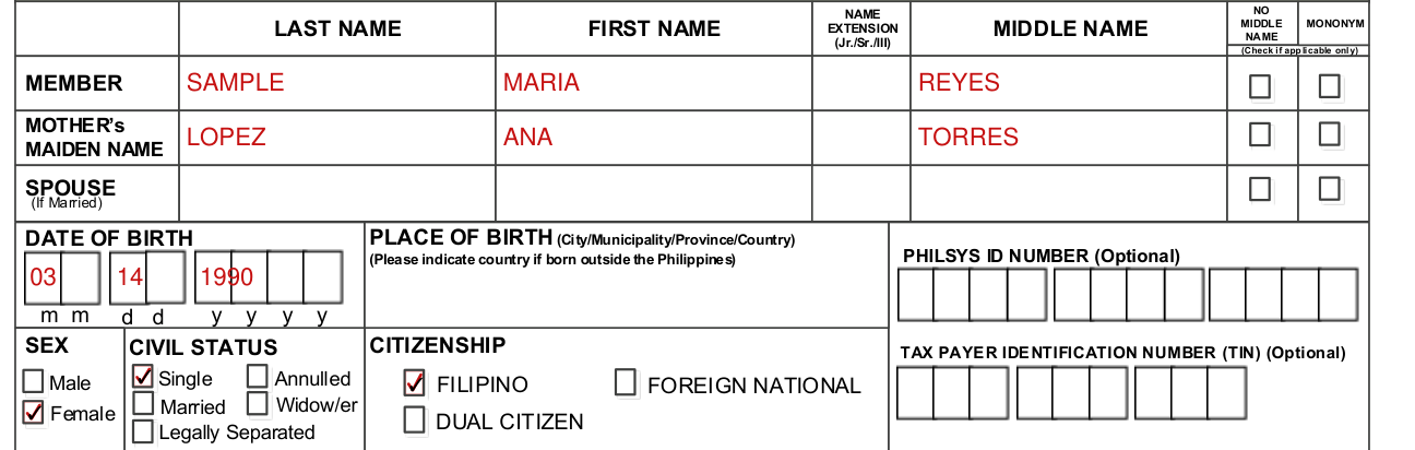 PhilHealth Member Registration Form (PMRF) example filled out, personal details