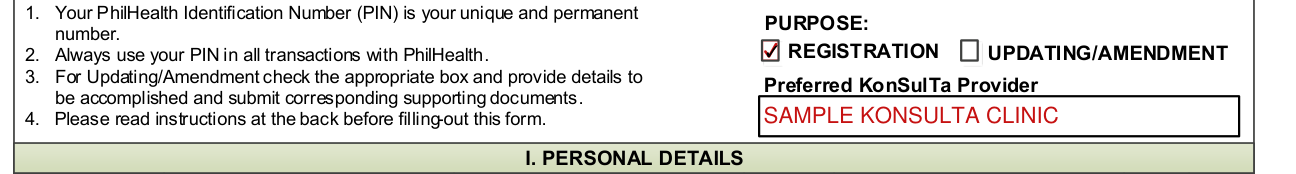 PhilHealth Member Registration Form (PMRF) example filled out, preferred KonSulTa provider