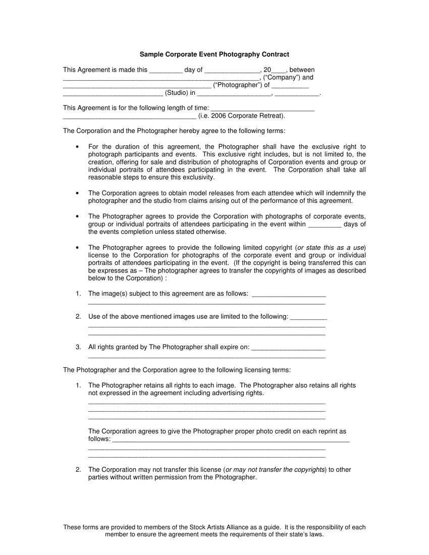 Photographer Contract Deal Form For Organization first page preview