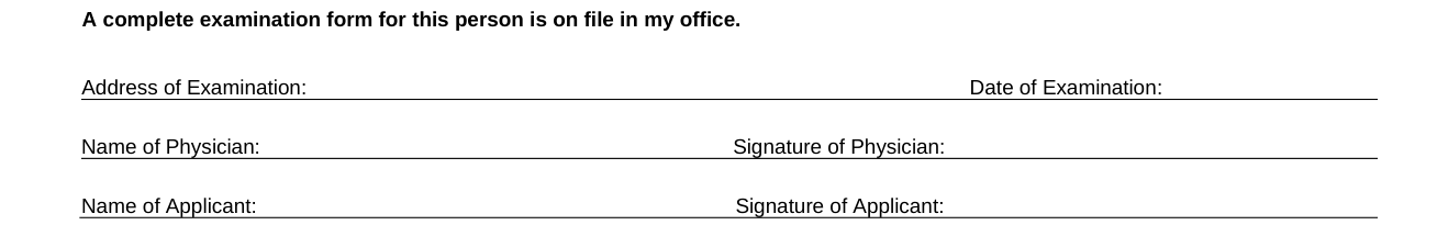 Form LIC61 example filled out, examination address and date, and the signatures