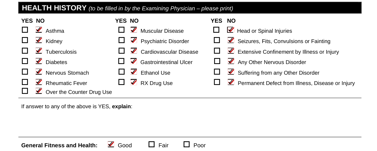 Form LIC61 example filled out, health History, to be filled in by the Examining Physician