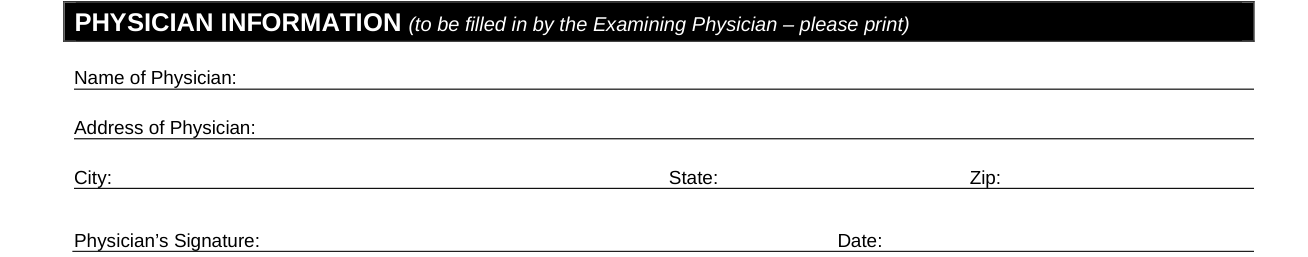 Form LIC61 example filled out, physician Information, to be filled in by the Examining Physician