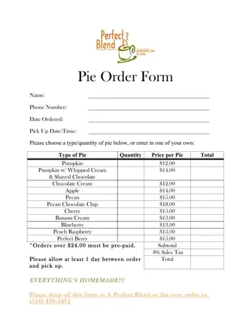 Pie Order Form Preview