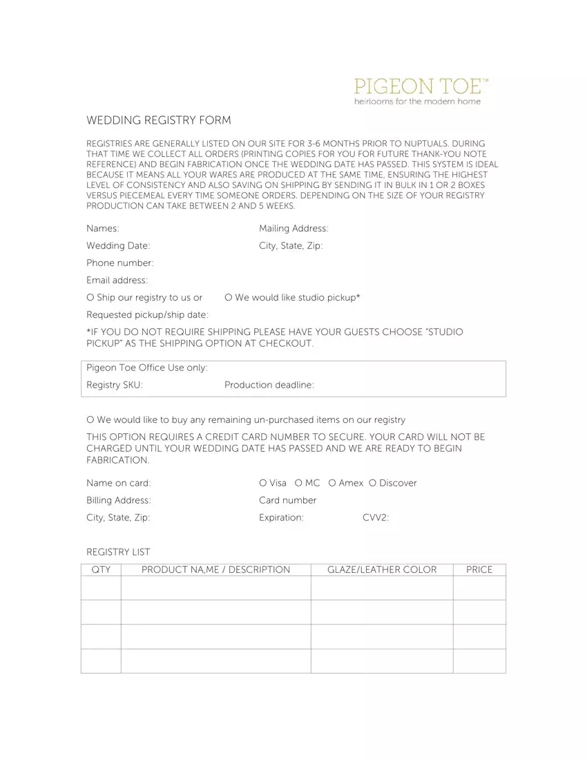 Pigeon Toe Wedding Registry Form first page preview