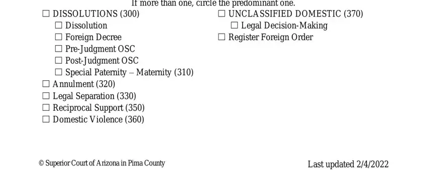 divorce any petition template NATURE OF ACTION Place an x in the, DISSOLUTIONS, UNCLASSIFIED DOMESTIC, Legal DecisionMaking, Register Foreign Order, Dissolution  Foreign Decree, Annulment   Legal Separation, Superior Court of Arizona in Pima, and Last updated blanks to complete