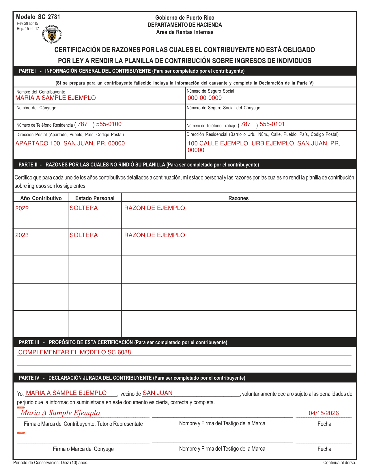 Modelo SC 2781 example filled out, example: a single contribuyente certifies two unfiled years