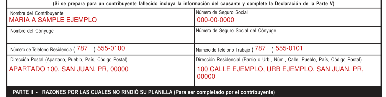 Modelo SC 2781 example filled out, parte I, Información general del contribuyente