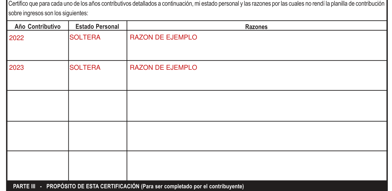 Modelo SC 2781 example filled out, parte II, Razones por las cuales no rindió su planilla