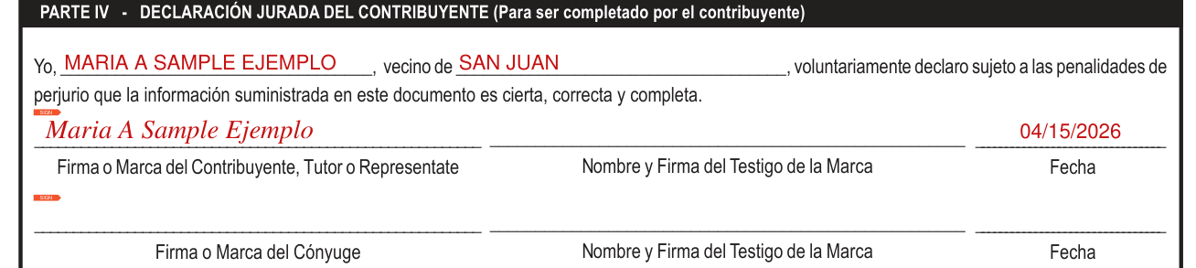 Modelo SC 2781 example filled out, parte IV, Declaración jurada del contribuyente