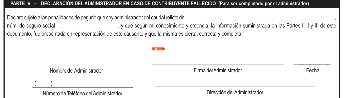 Modelo SC 2781 example filled out, parte V, Declaración del administrador en caso de contribuyente fallecido