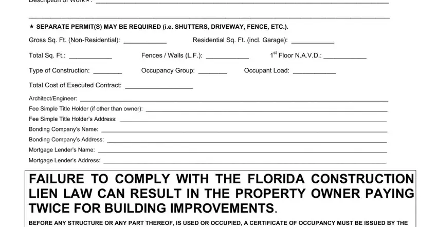 city of plantation permit Description of Work, SEPARATE PERMITS MAY BE REQUIRED, Gross Sq Ft NonResidential, Residential Sq Ft incl Garage, Total Sq Ft, Fences  Walls LF, st Floor NAVD, Type of Construction, Occupancy Group, Occupant Load, Total Cost of Executed Contract, ArchitectEngineer, Fee Simple Title Holder if other, Fee Simple Title Holders Address, and Bonding Companys Name blanks to fill