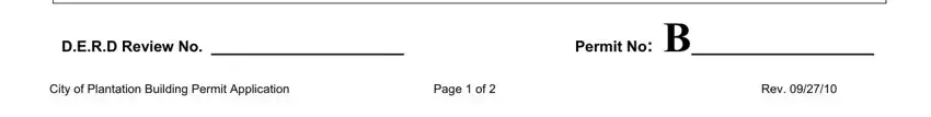 city of plantation permit BEFORE ANY STRUCTURE OR ANY PART, DERD Review No, Permit No B, City of Plantation Building Permit, Page  of, and Rev fields to fill