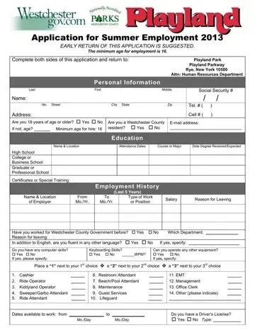 Playland Career Application Form Preview