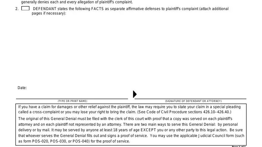 generally denies each and every, DEFENDANT states the following, Date, TYPE OR PRINT NAME, SIGNATURE OF DEFENDANT OR ATTORNEY, If you have a claim for damages or, The original of this General, and Page  of in denial form pdf