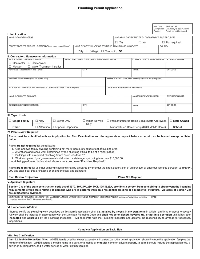 Plumbing Permit Application first page preview
