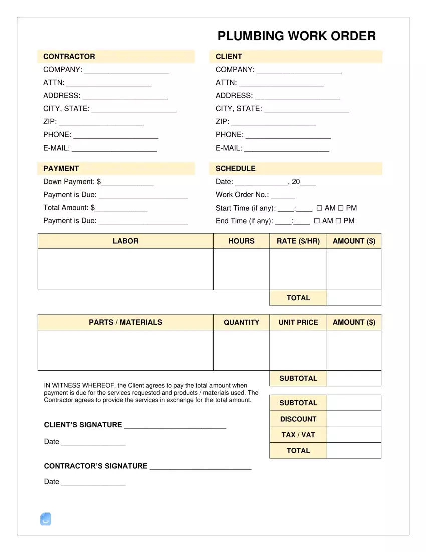 Plumbing Work Order Template ≡ Fill Out Printable PDF Forms Online