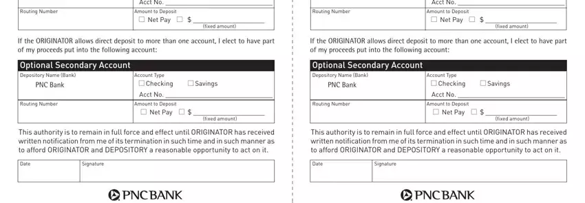 pnc bank address for direct deposit RoutingNumber, AcctNoAmounttoDeposit, NetPay, ﬁxedamount, RoutingNumber, AcctNoAmounttoDeposit, NetPay, ﬁxedamount, PNCBank, RoutingNumber, AccountType, CheckingSavings, AcctNoAmounttoDeposit, NetPay, and ﬁxedamount blanks to fill