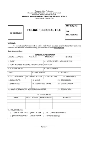Police Personnel Data Form Preview