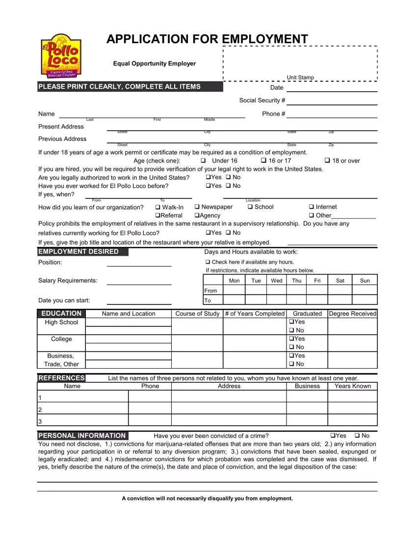 Pollo Loco Application Form first page preview