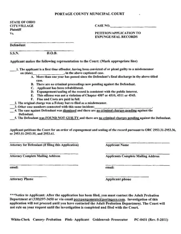 Portage County Expungement Application Form Preview