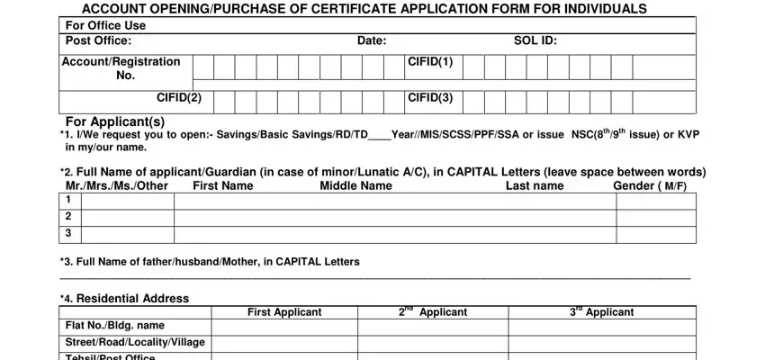example of empty fields in post office new account opening form