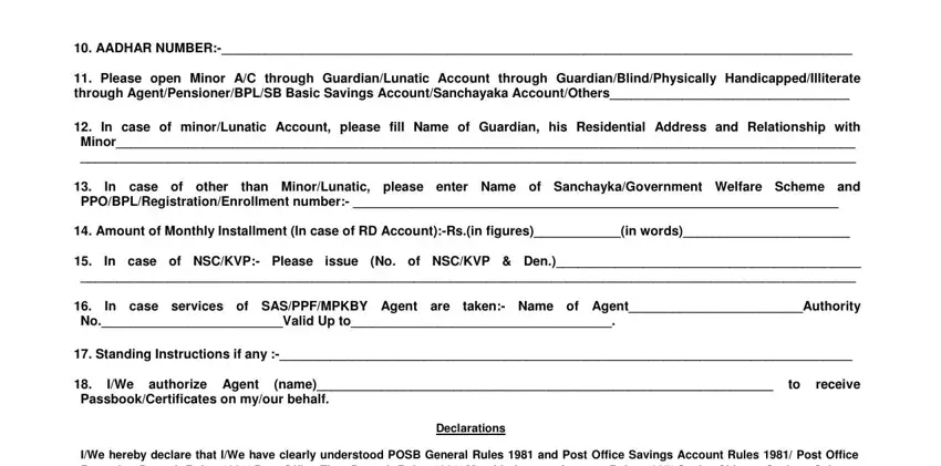 post office savings account form AADHAR NUMBER, Please open Minor AC through, In case of minorLunatic Account, In case of other, than MinorLunatic please enter, PPOBPLRegistrationEnrollment, Amount of Monthly Installment In, In case of NSCKVP Please, issue No of NSCKVP  Den, In case services of SASPPFMPKBY, taken Name of AgentAuthority, NoValid Up to, Standing Instructions if any, IWe authorize Agent, and name fields to insert