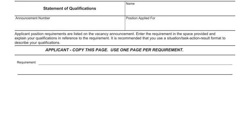 991 form Statement of Qualifications, Name, Announcement Number, Position Applied For, Applicant position requirements, APPLICANT  COPY THIS PAGE USE ONE, and Requirement fields to complete