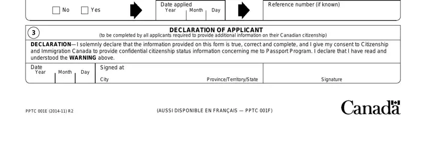 pptc001 Yes, Date applied, Year, Month, Day, Reference number if known, DECLARATION OF APPLICANT to be, DECLARATIONI solemnly declare that, Date, Year, Month, Day, Signed at, City, and ProvinceTerritoryState blanks to fill