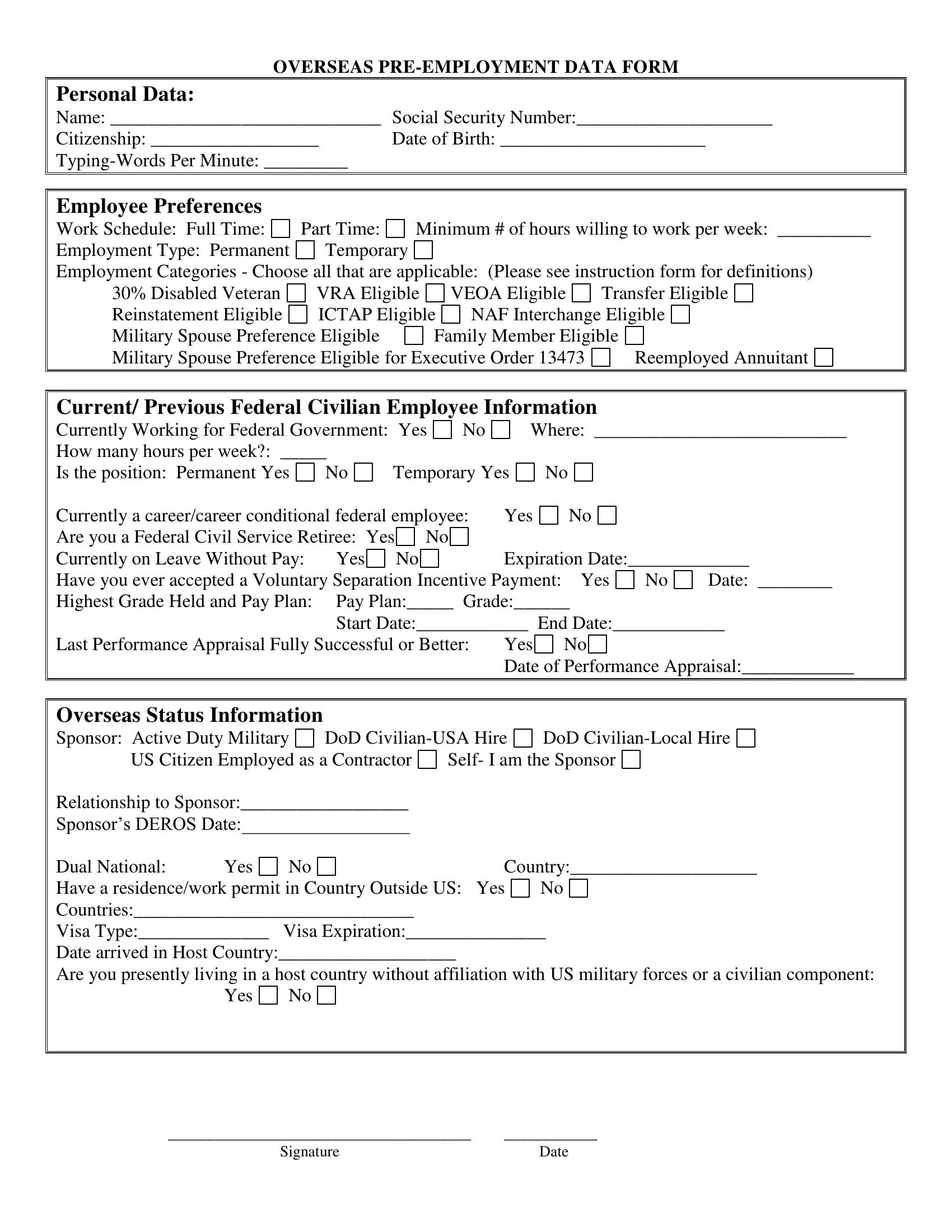 Pre Employment Data Form ≡ Fill Out Printable PDF Forms Online