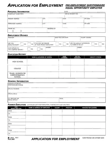 Pre Employment Questionnaire Form Preview