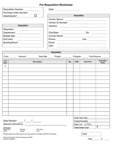 Pre Requistion Worksheet Form Preview