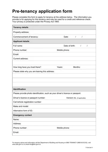 Pre Tenancy Application Form Preview